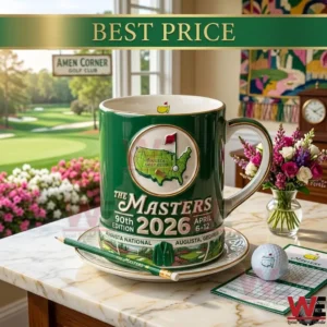 Commemorative green Masters mug on a marble table with golf accessories!