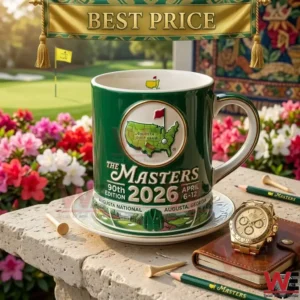 Golf The 2026 Masters Tournament 90th Edition 3D Mug 4 Masters golf mug on a stone ledge with a gold watch and flowers!