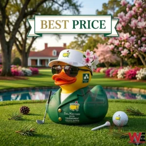 Yellow rubber duck dressed in a green jacket on a golf course!