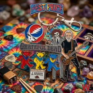 A multi charm metal keychain for the band Grateful Dead is shown on a tie dye background! It features several iconic band symbols including the skull logo and colorful dancing bears along with figures of musicians!