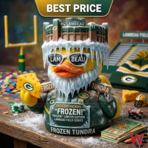Football themed rubber duck with a stadium hat and icy beard on a snowy table!