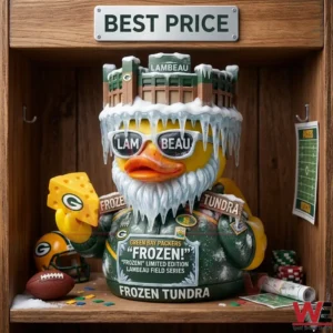 Yellow rubber duck toy with icy details and a cheese wedge inside a wooden display!