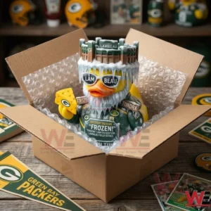 Top view of a football duck toy packed in a shipping box with bubble wrap!