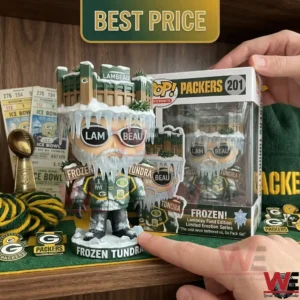 Icy themed football fan collectible figure standing next to a display box!