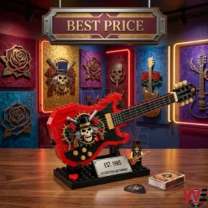 Red toy guitar model in a rock themed room!