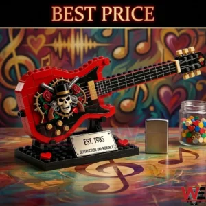 Red and black toy guitar with skull emblem!