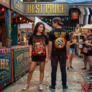 A woman and a man wearing black band t shirts for a 2026 world tour at a festival!