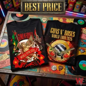 Front and back designs of a rock band tour t shirt displayed on a table with records!