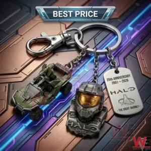 A collection of Halo themed charms on a silver keyring including a vehicle and helmet!