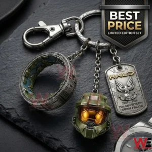 Video game themed metal keychain with a helmet and ring world charm on a stone background!