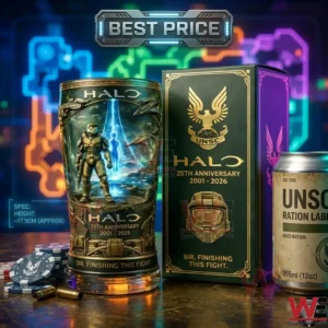 A detailed commemorative tumbler for a sci fi game anniversary next to its green box and a silver ration can on a desk!