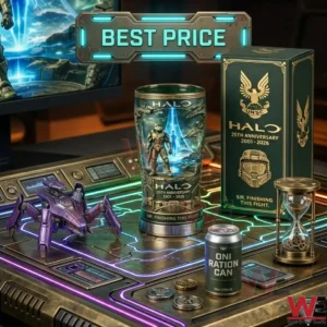 A commemorative sci fi tumbler and its box on a glowing table surrounded by a purple vehicle model an hourglass a can and coins!