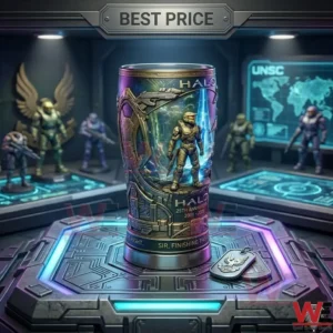 A detailed sci fi game tumbler on a glowing pedestal with dog tags in front and action figures in the background!