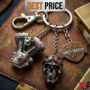 Motorcycle themed metal keychain with engine and skull charms on leather!