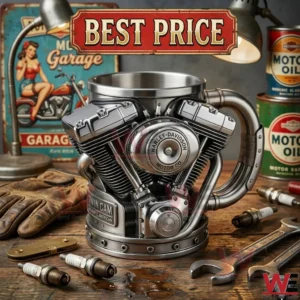 A close up shot of a metallic engine shaped mug on a wooden table with various mechanical tools!