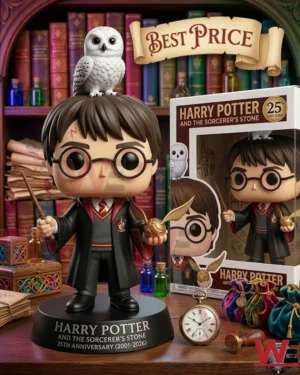 Harry Potter vinyl figure with a white owl and golden snitch standing on a commemorative base in a library!