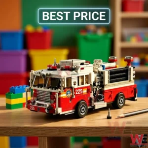 A detailed red and white brick fire truck model on a wooden table in a brightly colored room!