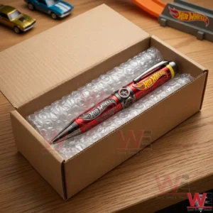 A photograph of an open cardboard box containing a collectible Hot Wheels 58th Anniversary pen wrapped in clear plastic bubble wrap. The box is on a wooden table with other miniature cars in the blurred background.