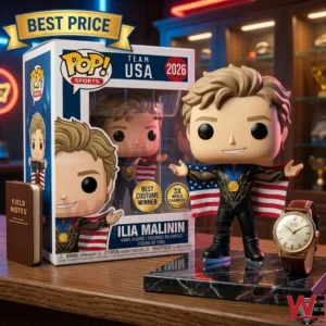 A collectible vinyl figure of Ilia Malinin in a skating pose with a gold medal and American flag next to a display box notebook and watch!