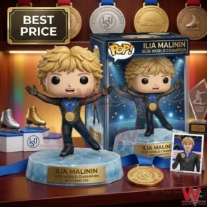 A commemorative display of Ilia Malinin vinyl figures on ice themed bases with various medals and trophies on a wooden table!