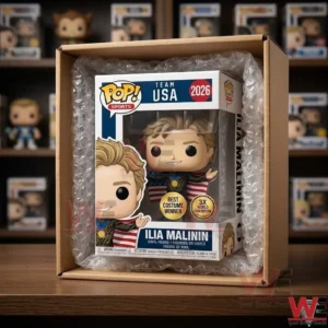A high angle shot of a collectible figure box protected by bubble wrap inside a brown cardboard shipping box!