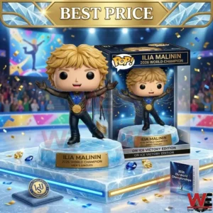Close up photo of a stylized vinyl figure of a male ice skater with wide open arms! He is on a circular ice base with a gold nameplate! A product box and loose confetti are present! The background is an ice rink arena full of spectators!