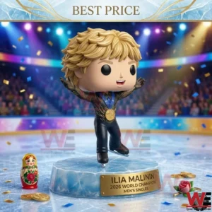 Ilia Malinin 2026 World Champion Pop Figure 4 A stylized vinyl collectible figure of a male ice skater with blonde hair celebrating on an ice base! In the foreground there is a Russian Matryoshka doll and scattered gold coins! The background shows a stadium crowd and arena lights!