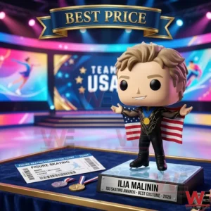 Ilia Malinin 2026 World Champion Victory Edition POP! Figure 4 A detailed shot of a vinyl figure of Ilia Malinin on an ice base with a gold plaque! Below it on blue fabric are two medals and a figure skating ticket! The background shows Team USA graphics and arena lights!