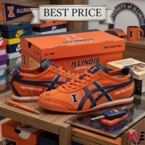 Orange and navy blue Fighting Illini sneakers displayed on a wooden table with a matching shoe box and team merchandise.
