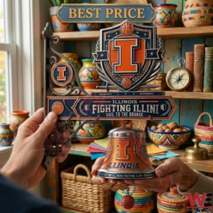 Handheld Illinois Fighting Illini decorative sign with a shield and hanging bell against a shelf background!