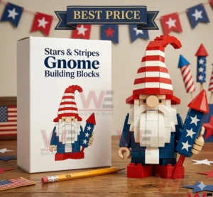 Independence Day Gnome Building Brick Set 5 Building block gnome with a red and white striped hat holding a rocket!