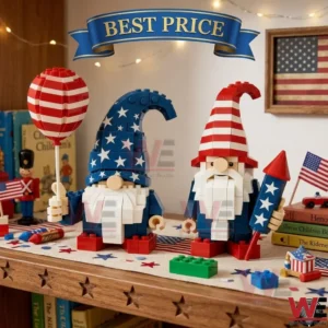 Independence Day Gnome Building Brick Set 6 Two patriotic gnomes constructed from building blocks displayed on a shelf!