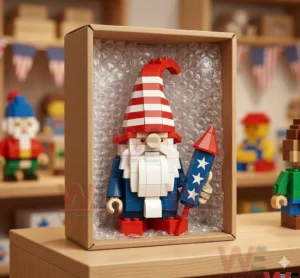Independence Day Gnome Building Brick Set 7 Building block gnome packaged in a shipping box with protective wrap!