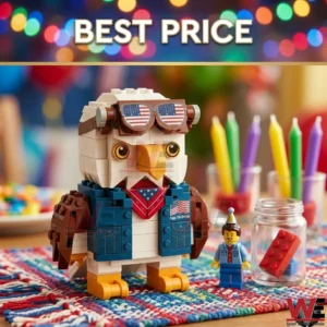 A toy eagle made of building blocks wearing a vest and patriotic goggles on a table!