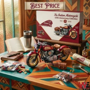 A detailed red Indian Motorcycle brick model sitting on a wooden desk with its collector box and various study accessories.