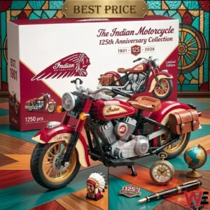 A completed Indian Motorcycle brick model surrounded by a chief bust and a pocket watch with a stained glass backdrop.