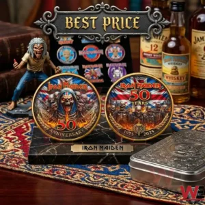 Front and back views of gold anniversary coins with skeletal artwork on a marble base!