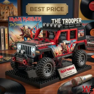 A custom brick Jeep model with Iron Maiden The Trooper branding and 50th anniversary plaque surrounded by rock music memorabilia.