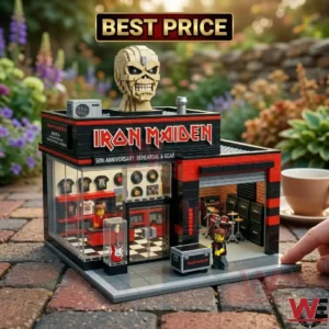 Detailed brick model of an Iron Maiden gear shop with a miniature drum set and Eddie mascot head!