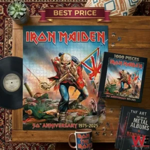 An Iron Maiden Trooper jigsaw puzzle on a wooden surface with a record and a mug!