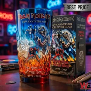 A commemorative heavy metal themed glass and collector box with intricate monster and fire illustrations!