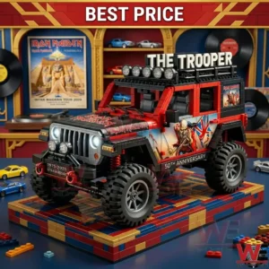 Brick built toy off road car with rock band stickers on a display stand!
