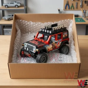 Custom brick vehicle toy inside a shipping box with protective wrap!