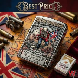 A silver Zippo lighter with a detailed metal carving of a skeletal soldier holding a British flag resting on an old map with bullets.