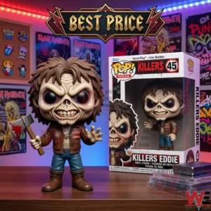 A vinyl toy of a grinning zombie mascot with an axe next to a product box in a room with posters!