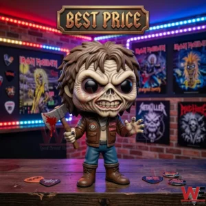 A skeletal vinyl figure holding a bloody axe stands on a wooden table in front of a brick wall with posters!