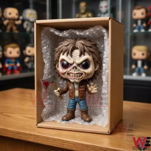 A vinyl figure of a skeletal character with an axe packed in a cardboard box with bubble wrap for shipping!