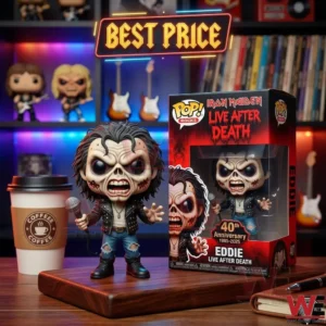 Vinyl collectible figure of a skeletal singer with a microphone and its matching red product box on a desk!