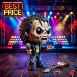 A skeletal vinyl figure in a leather jacket holding a microphone on a stage with concert lighting and a guitar!