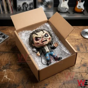 Top view of a skeletal vinyl toy inside a shipping box with protective bubble wrap on a wooden table!